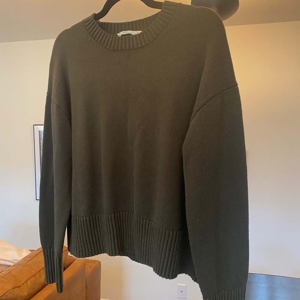 Everlane Boxy Crewneck Cotton Sweater Olive Green Medium